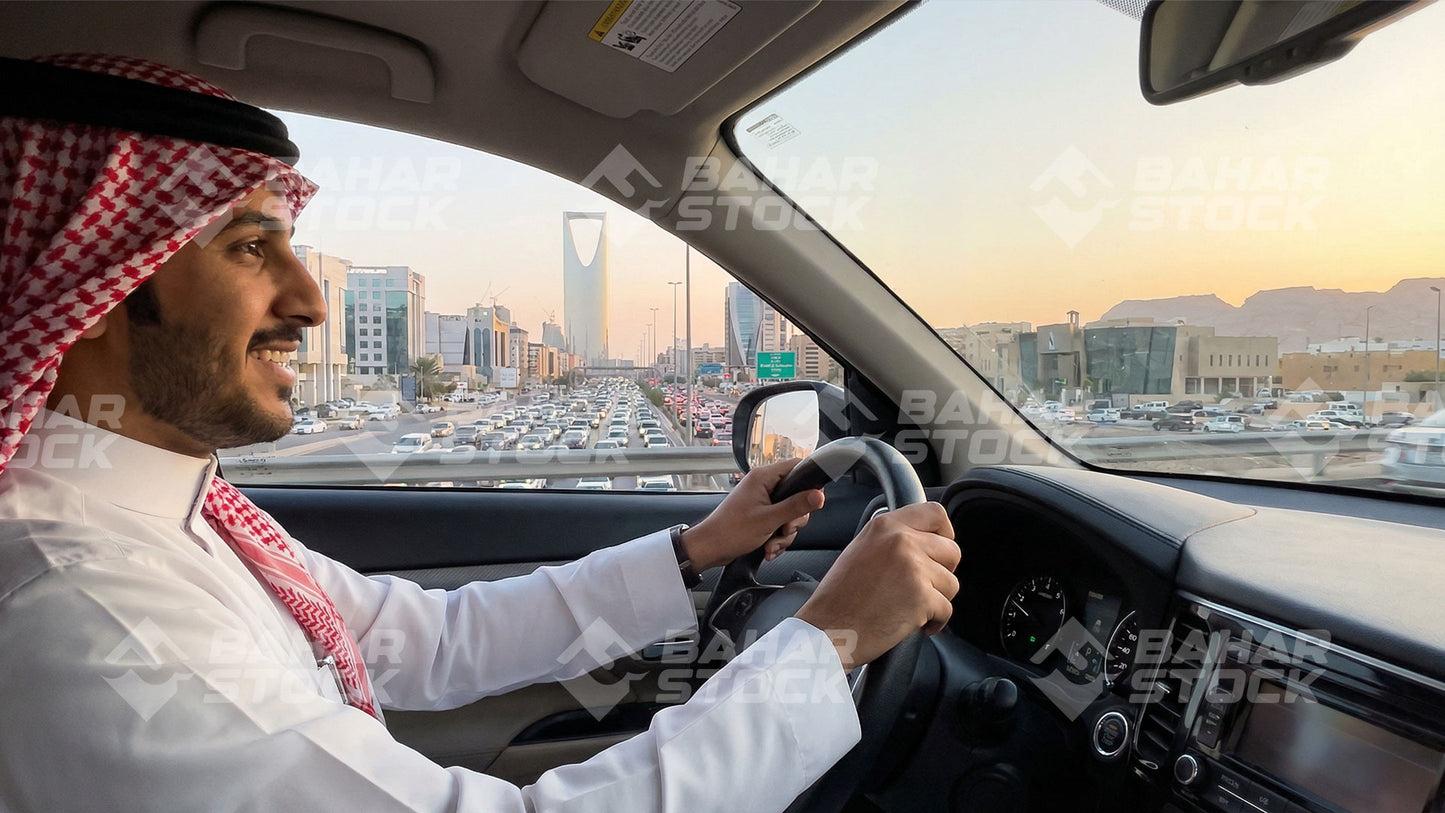 شاب يقود سيارته في شوارع الرياض
