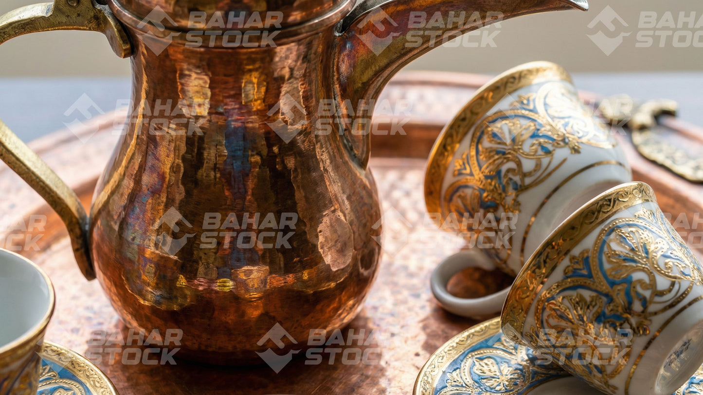 دلة قهوة عربية مع فنجاين مزخرفة