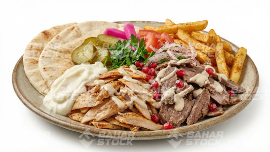 طبق شاورما عربي مع البطاطس والخبز
