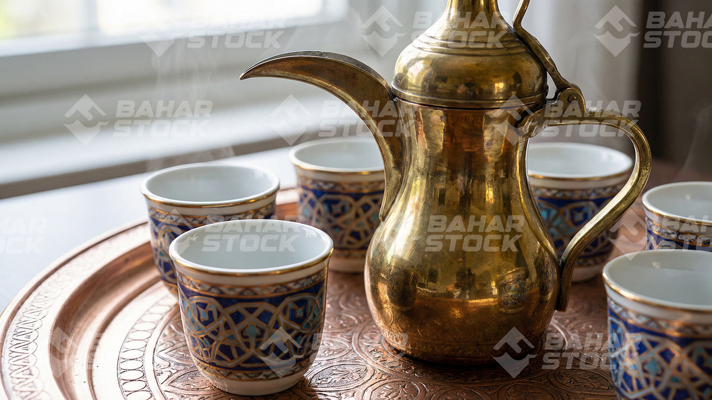 دلة قهوة عربية مع فنجاين مزخرفة