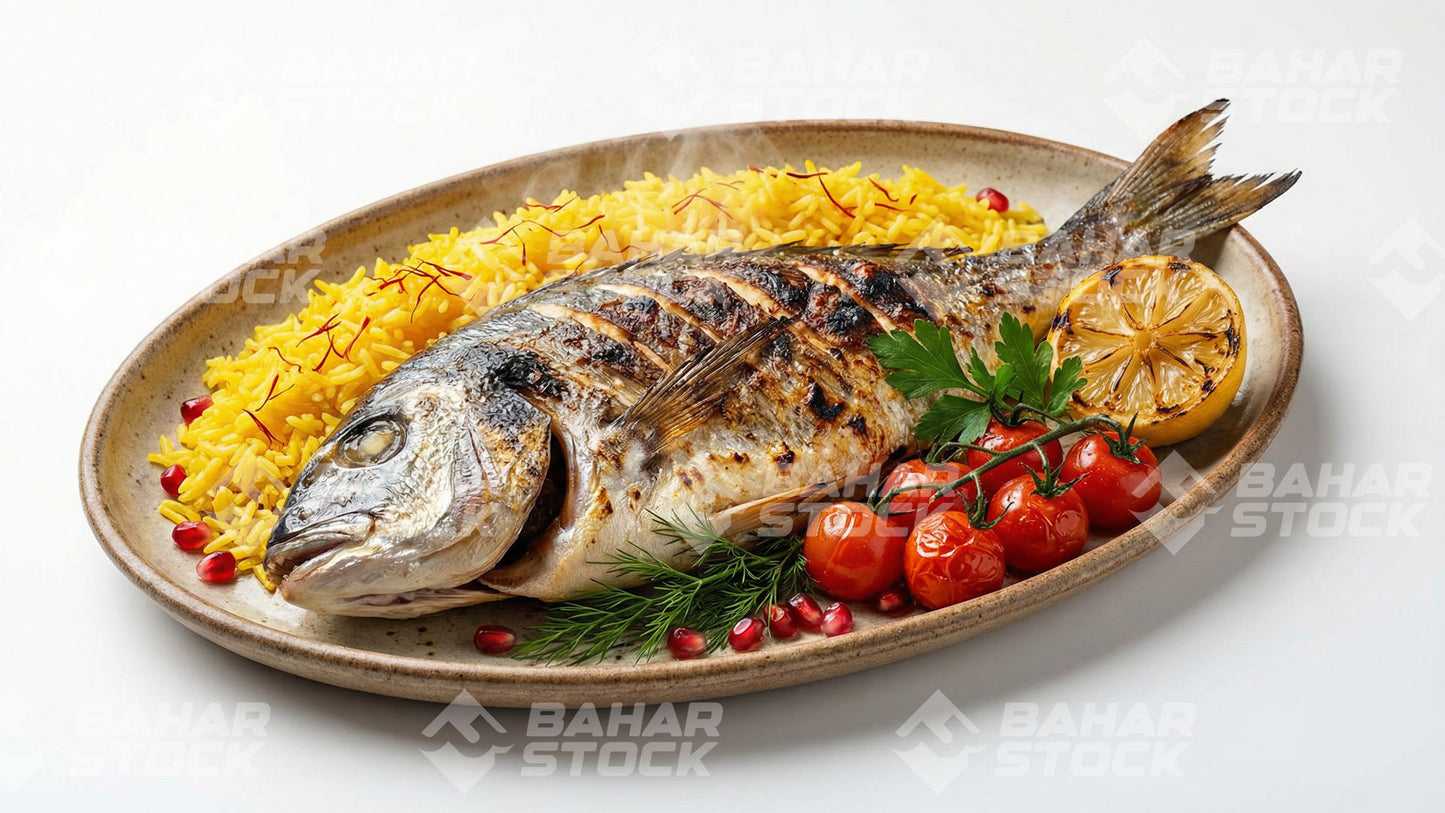مأكولات بحرية - سمكة مشوية مع الأرز