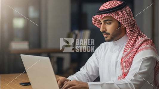 شاب خليجي يعمل على اللاب توب