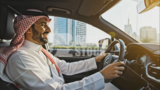 شاب سعودي يقود السيارة متجه لعمله