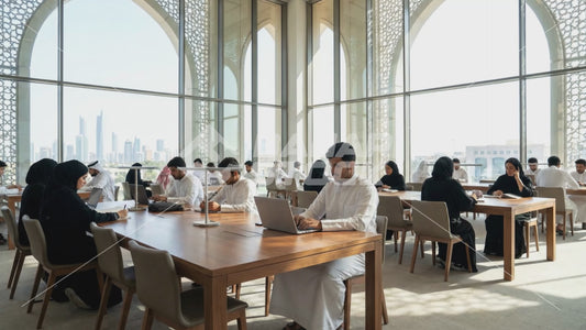 مجموعة من الطلاب الخليجيين في مكتبة الجامعة