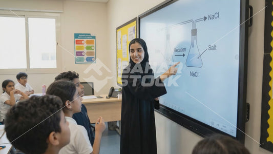 معلمة تقوم بالشرح للأطفال على السبورة