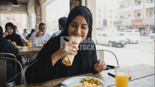 امرأة خليجية تأكل في مطعم