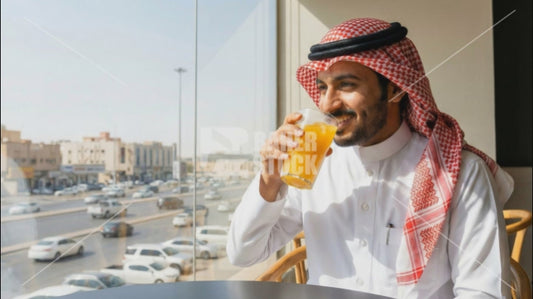 شاب خليجي يشرب عصير فير أحد المقاهي
