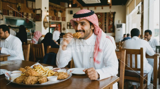 رجل خليجي يأكل دجاج بروستد