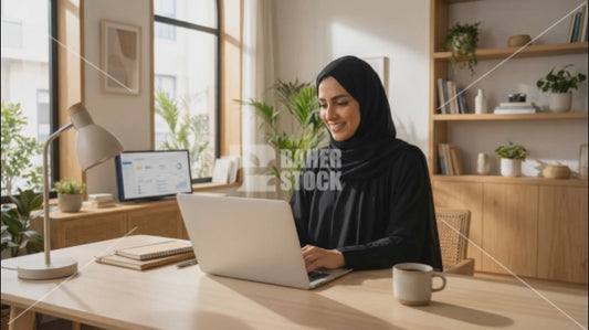 سيدة أعمال خليجية تعمل على اللاب توب