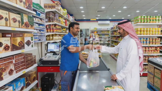 عامل يقوم بخدمة احد العملاء في بقالة